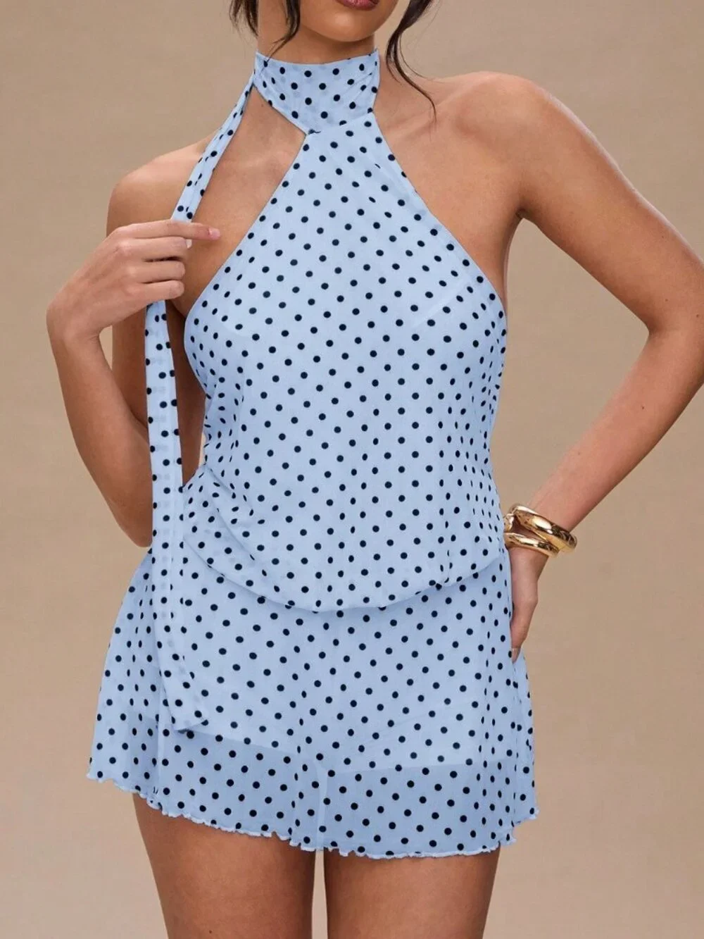 Baby Blue Casual Women's Polka Dot Print Halter Backless Dress